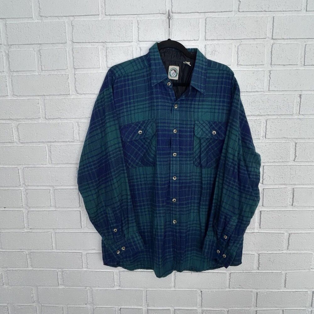 Vintage Flannel Shirt Plaid Blue Green Mens L Appalachain Trail